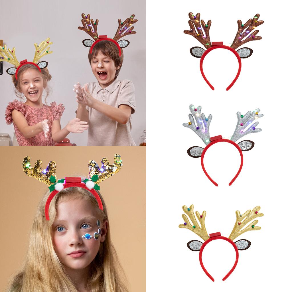 Christmas Reindeer Horn Headbands Glitter LED Hair Hoop for Christmas Headpiece Fancy Dress Party Supplies