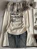 American Vintage Print Fur Stitched Tops Women 2000s Y2k One Shoulder T-shirt Thin Sweet Babes High Street Casual Base Layer Clothes
