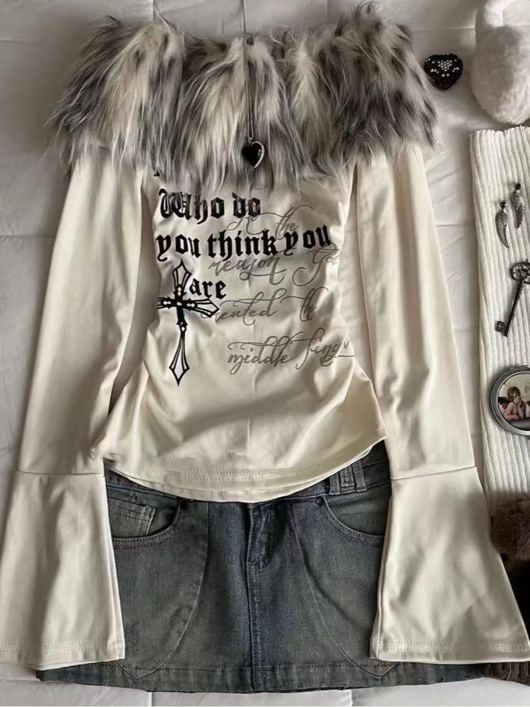 American Vintage Print Fur Stitched Tops Women 2000s Y2k One Shoulder T-shirt Thin Sweet Babes High Street Casual Base Layer Clothes