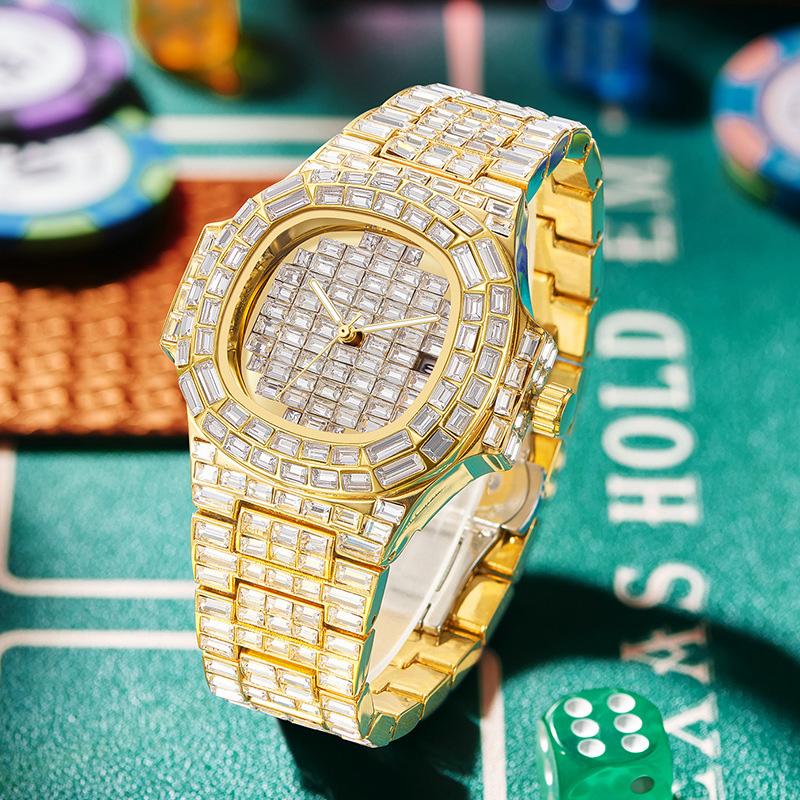 Роскошные мужские часы водонепроницаемые кварцевые наручные часы Ice Out Diamond нержавеющая сталь ремешок светящиеся стрелки Montre Homme