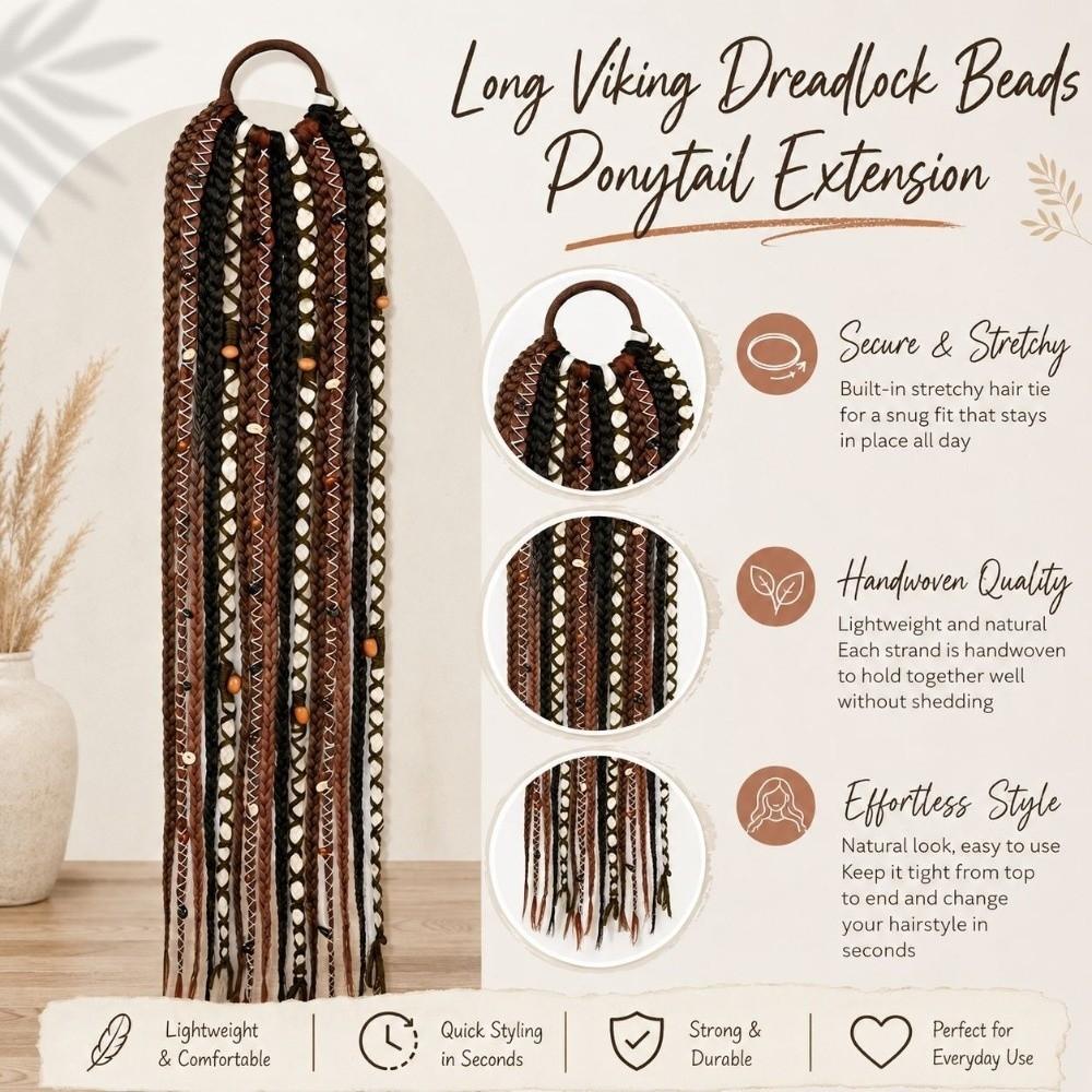 Beaded Accents Braided Ponytail Extension Hand Woven Boho Braid Dreadlock Hairpiece  Daily Styling