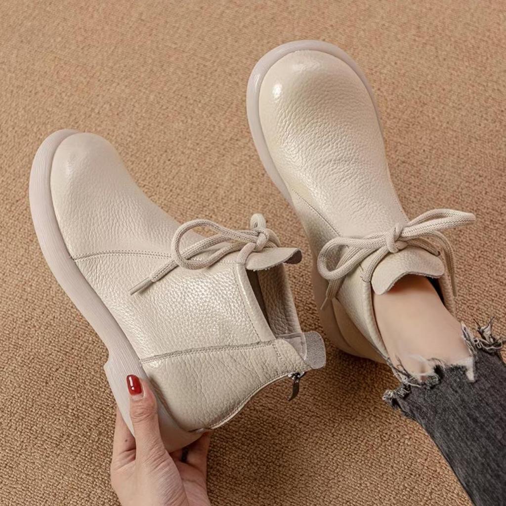 Натуральная кожа Удобные плоские короткие ботинки Мягкая поверхность Мягкая подошва Удобные Универсальные женские кожаные ботинки Воловья кожа Нескользящие ботинки 35-41