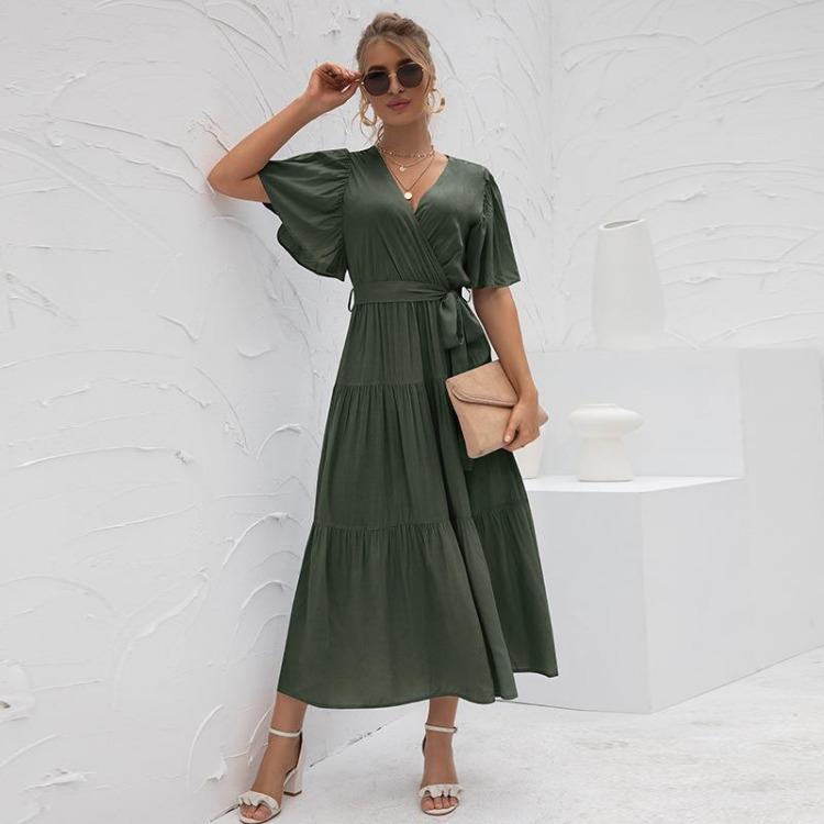 Women Summer Fall Casual Long Dress Solid V-neck Short Butterfly Sleeve Bandage Belt Sizes S-XXL