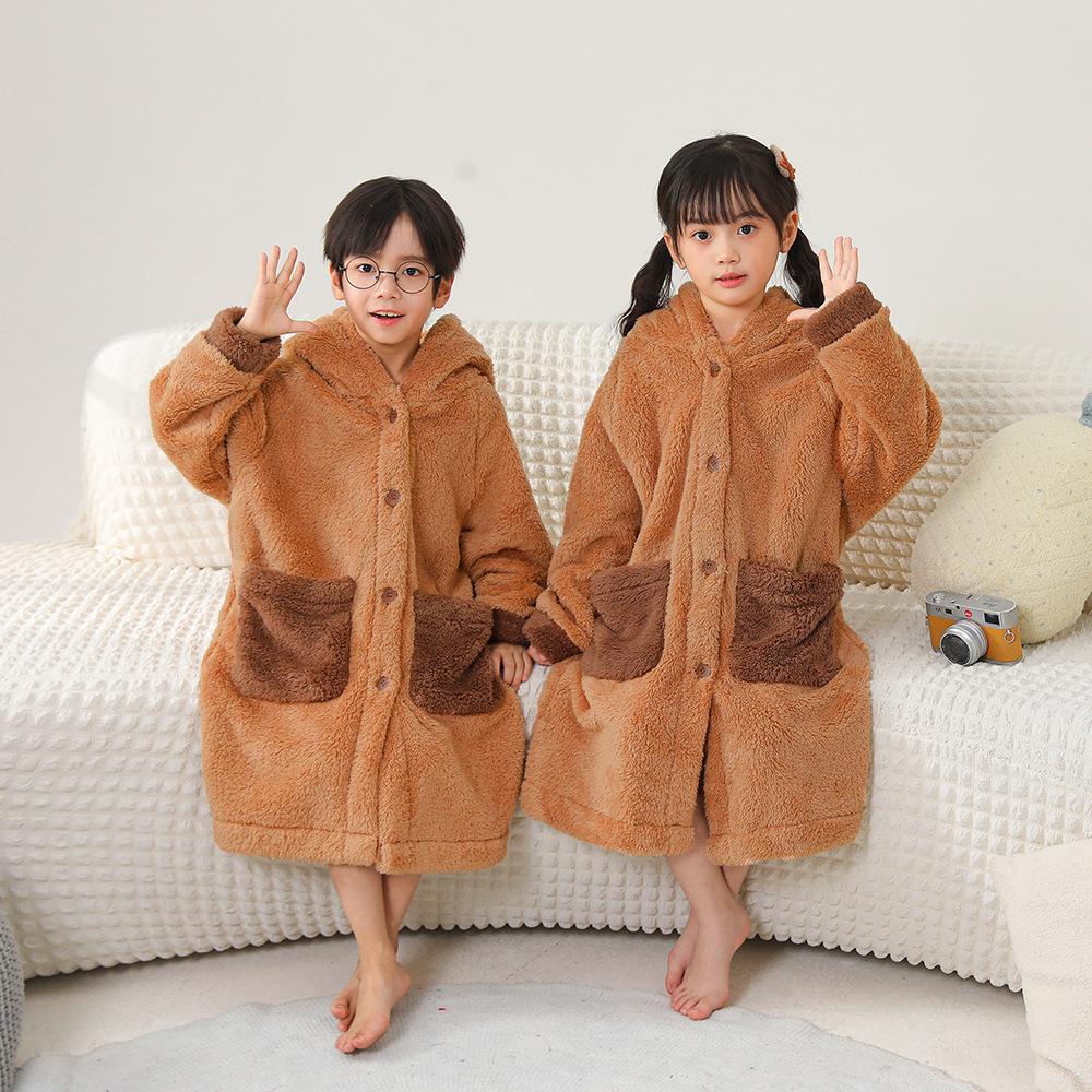 Детская плотная пижама-халат из кораллового флиса с капибарой - Осенне-зимний длинный халат для мальчиков, девочек и малышей