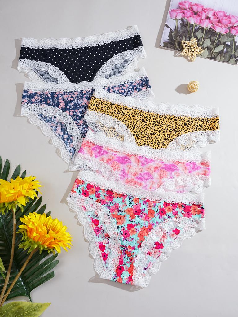 5pcs/pack Fashion Style Print Sexy Lace Women's Panties Low Waist Patchwork Breathable Comfort Female Underpants Sexy Lingerie