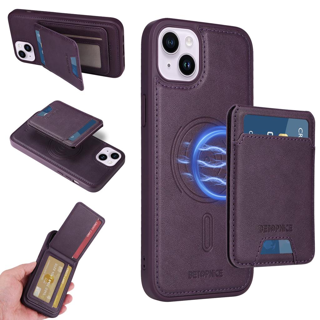 For iPhone 14 Plus Magnetic Case BETOPNICE RFID Blocking Leather Phone Back Cover with Detachable Card Bag