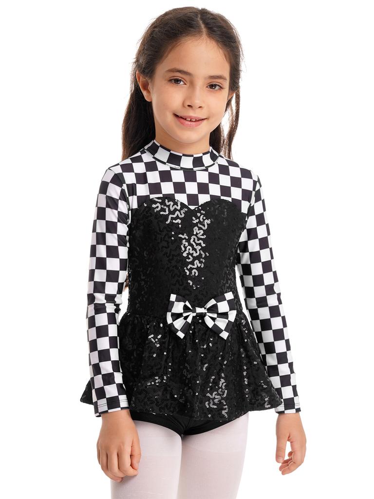 Kids Girls Racer Costume Long Sleeve Sequin Bowknot Keyhole Back Bodysuit for Halloween Cosplay Dress Up Performance