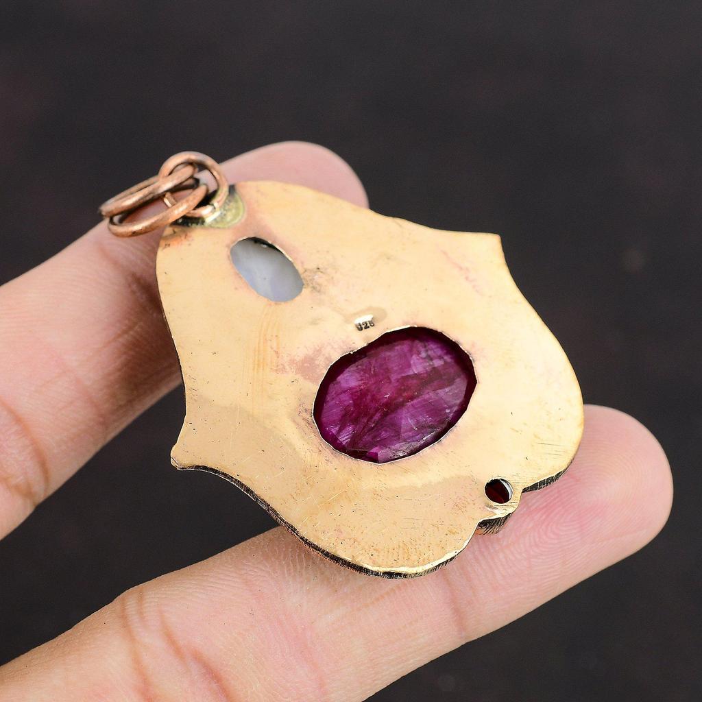 Кулон с ограненным кашмирским рубином, кулон с радужным лунным камнем, кулон с мозамбикским гранатом, медный кулон, красивое ювелирное изделие из драгоценных камней, кулон ручной работы