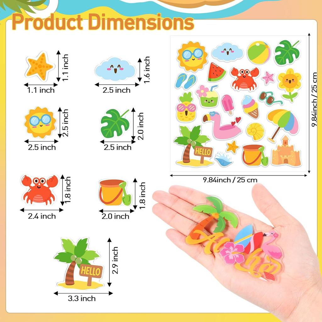 22 шт. Летние Толстые Гелевые Наклейки Hello Window Gels Decals Reble Beach Stickers Съемные Бассейн Солнце Милые Гелевые Наклейки для Окон Холодильников Лето