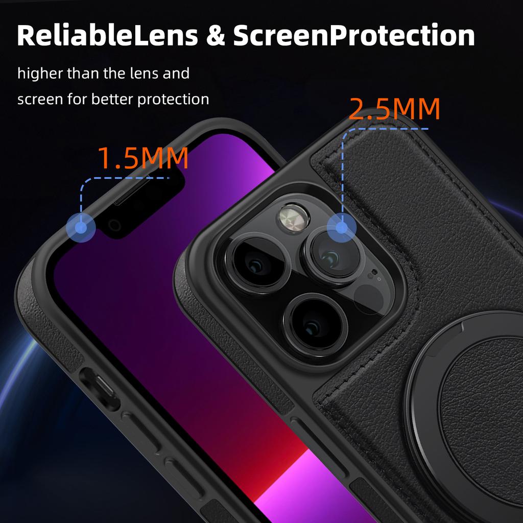 For iPhone 13 Pro Case with Ring Kickstand Compatible with MagSafe PU Leather Back Cover