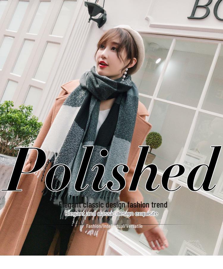 Клетчатый зимний шарф для женщин - шаль с кисточками в корейском стиле из искусственного кашемира