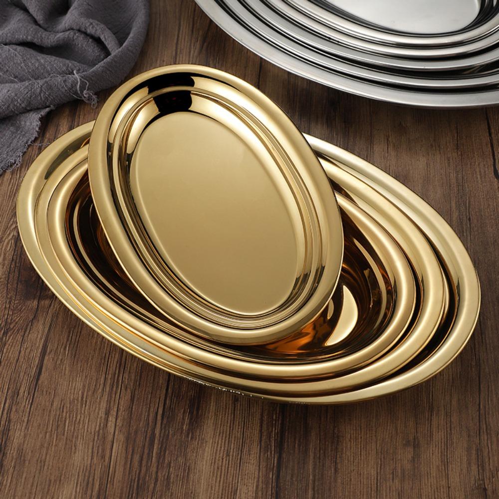 Gold/Silver Barbecue Dish Korean Style Snack Tray Elliptical Steamed Fish Plate Restaurant