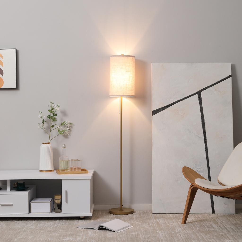 Floor Lamp Elegant Floor Lamp Made Of Steel With Fabric Shade Living Room Lamp Pull Chain Switch Gold White