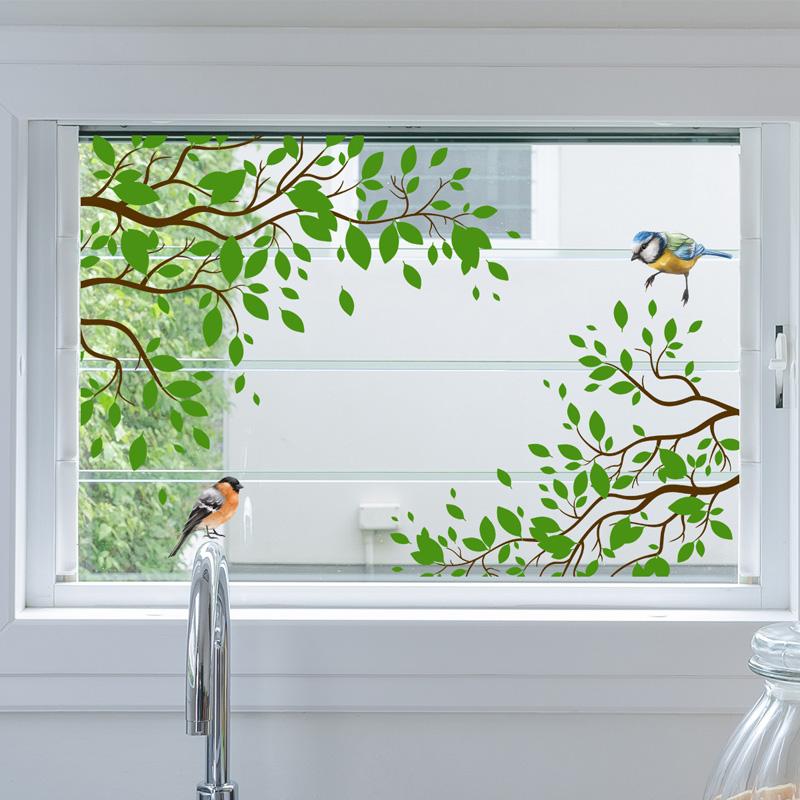 Простые маленькие свежие зеленые листья, птицы, электростатические наклейки на окна, декоративное стеклянное окно, двусторонние визуальные наклейки на стену
