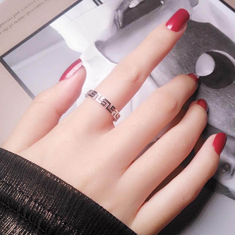 Love Ring for Women Greek-Key Meander Great-Wall-Pattern Hollow Titanium-Steel Eternal Good Luck Fortune Retro Gift
