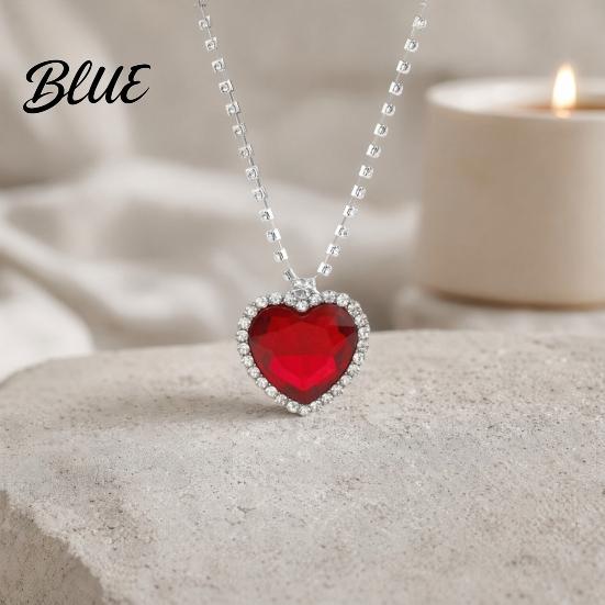 Blue Gemstone Pendant Heart Necklace Faux Diamond Sparkly Romantic Light-reflecting