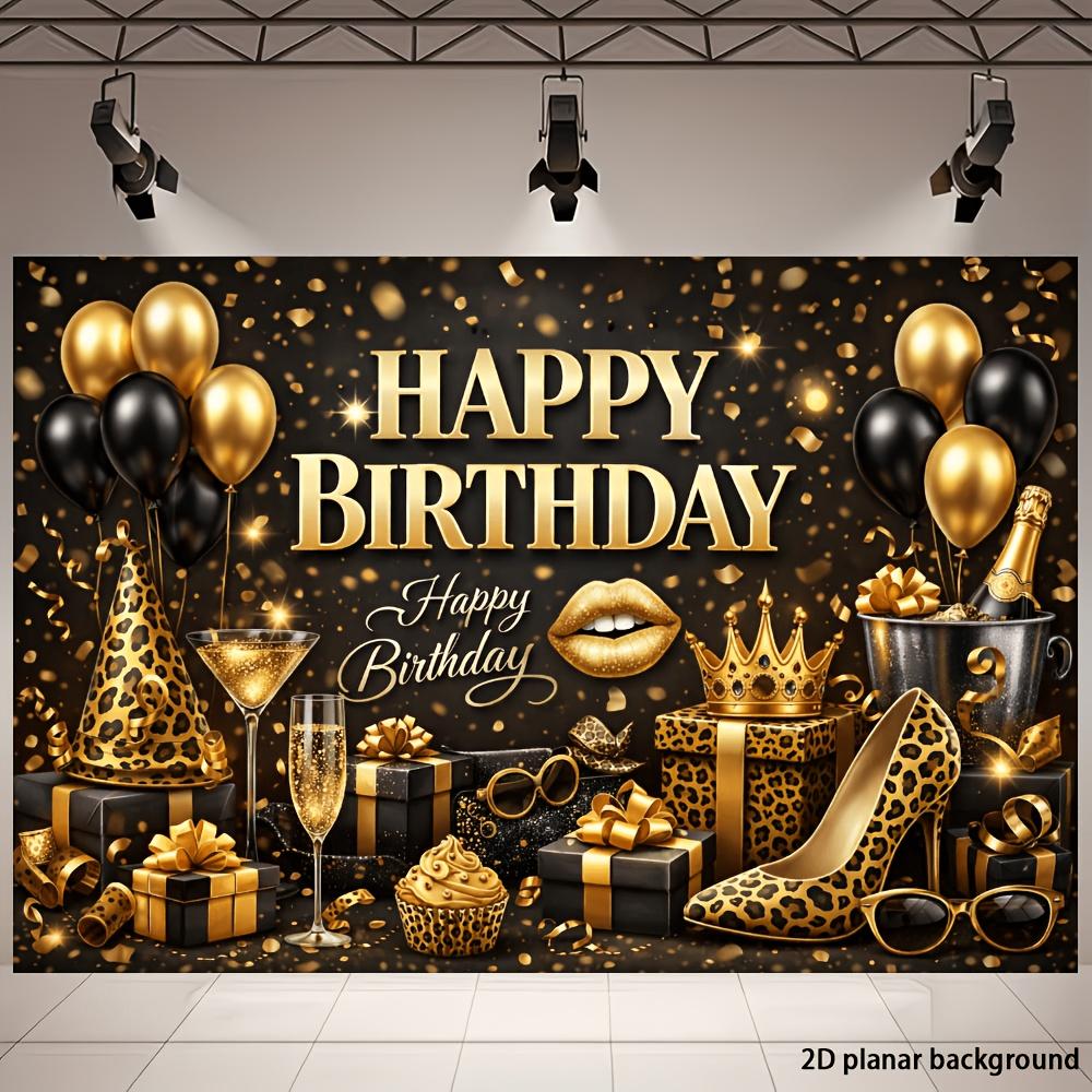 2D flat printing of background fabric for parties, theme of party scene, black and gold style birthday banner