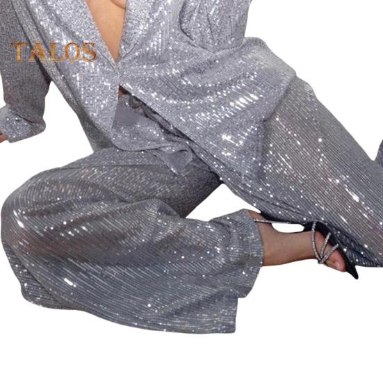 Женская рубашка с пайетками, брюки, лацкан, V-образный вырез, мешковатое пальто с длинным рукавом и средней длиной, широкие брюки большого размера для вечеринок, клубных нарядов знаменитостей