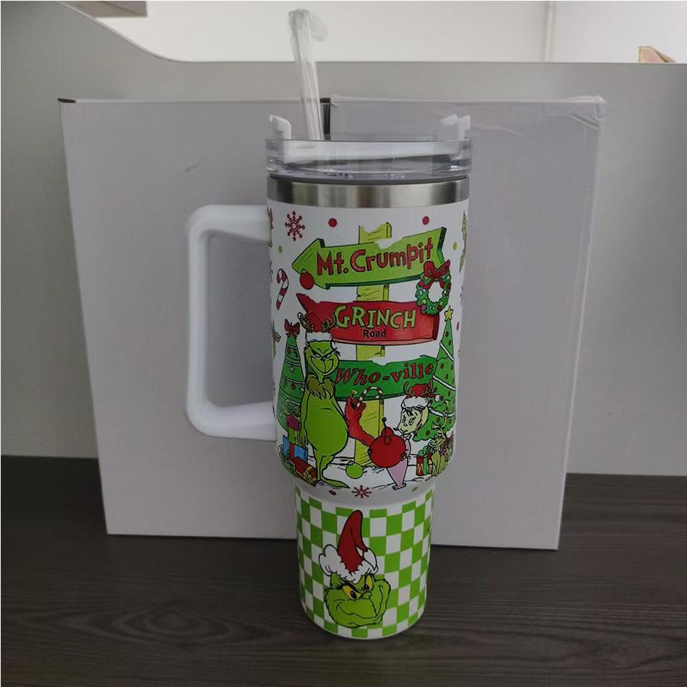 40oz/1200ML Christmas Grinch Tumbler with Handle and Straw For Sports or Travel