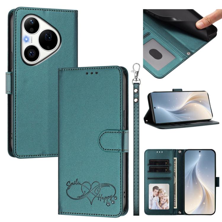 Happy Heart Pattern Magnetic Closure Vegan Leather Phone Case with Wrist Strap For Huawei Mate 60