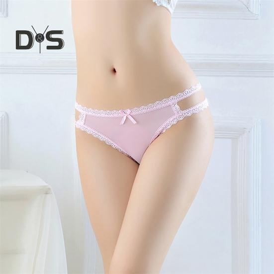 Sexy Embroidery Lace Stitching Briefs Solid Color Bowknot Decor See Through Mesh Thong Low Rise Ultra Thin Hollow Out Panties
