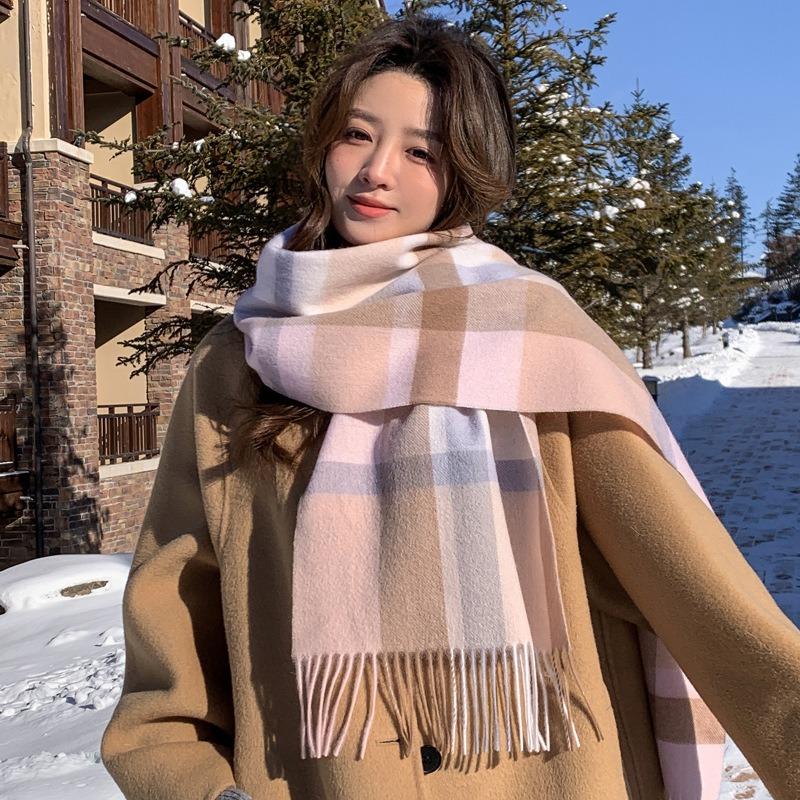 Pink Pure Wool Scarf Women's Winter New Atmosphere Plaid Cashmere Scarf for Girlfriend's Birthday Gift