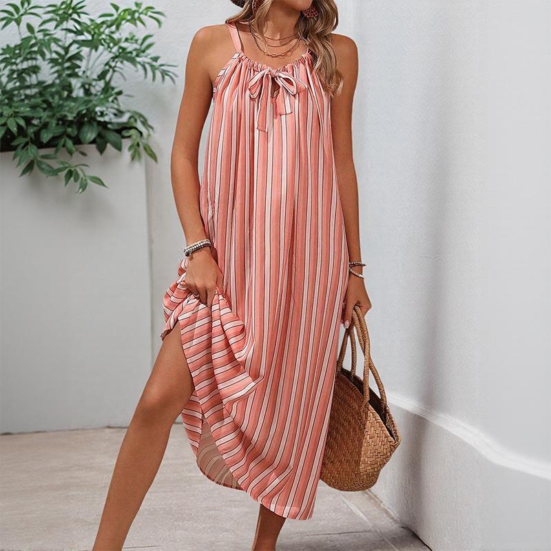 Women's Summer Halter Dress Bow Striped Loose Dress