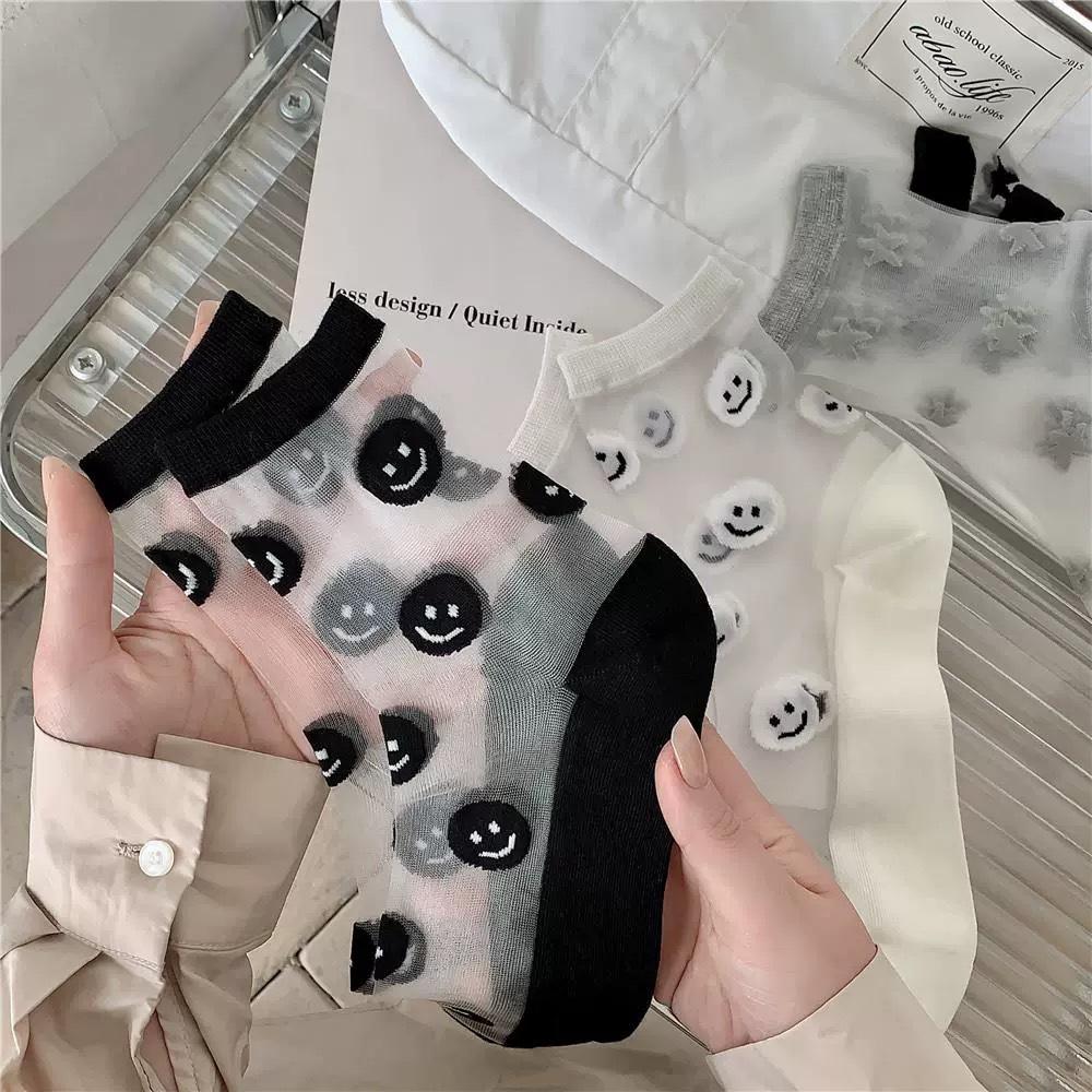 Тонкие прозрачные носки из стекловолокна для весны и лета, женские носки до середины икры, улыбающиеся, милые и дышащие хлопковые носки для студенческих ног