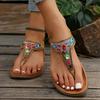 Босоножки на плоской подошве в стиле бохо с бусинами для женщин, лето 2025 г., резинка, клипса на носке, римские сандалии, женская мягкая подошва, нескользящая пляжная обувь