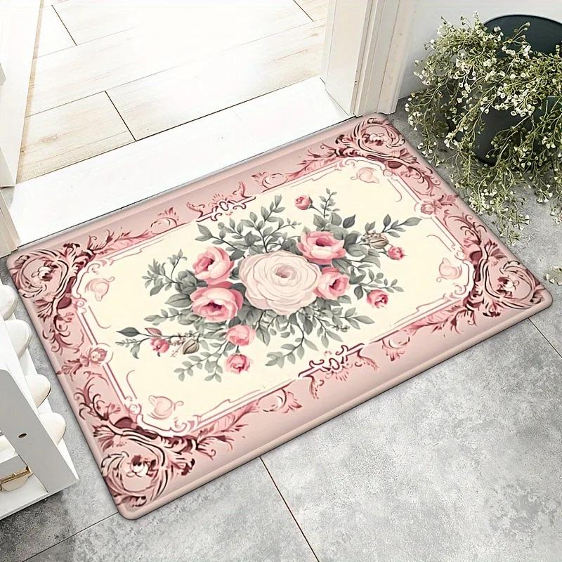 Rose Printed Door Mat Bedroom Bedside Carpet Anti Slip Balcony Bathroom Absorbent Footpad Flannel Decor Rug for Home Living Room