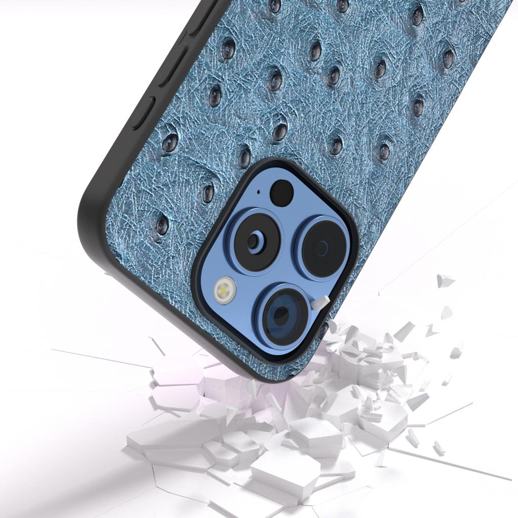 ABEEL For iPhone 16 Pro Case Ostrich Texture Genuine Cow Leather Back Phone Cover