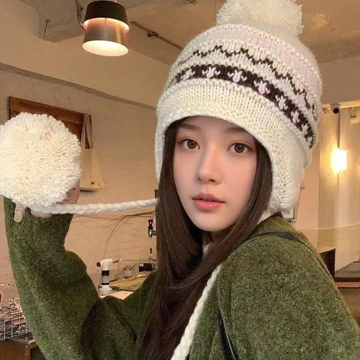 Winter big head circumference fleece warm wool hat cold protection ear cover hat, Fair Island wind hairball knitted hat