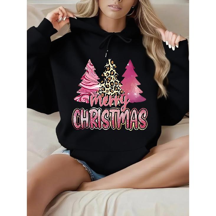 New Women's Christmas Hooded Sweatshirt - Autumn/Winter Casual Drawstring Pullover with Tree & Letter Print, Cozy & Fashionable