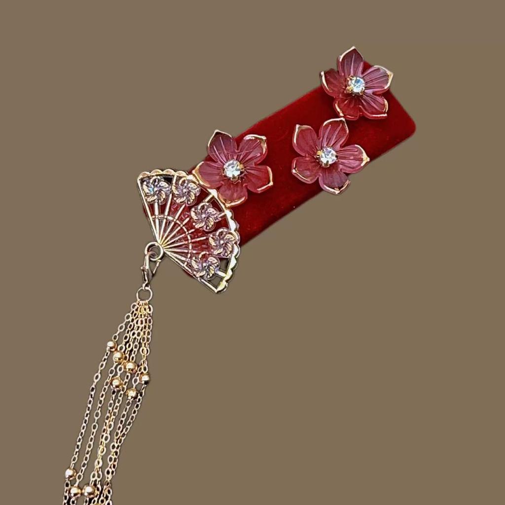 Blue Gem Healing Rhinestone Pearl Ethnic Tassel Hair Clip for Women