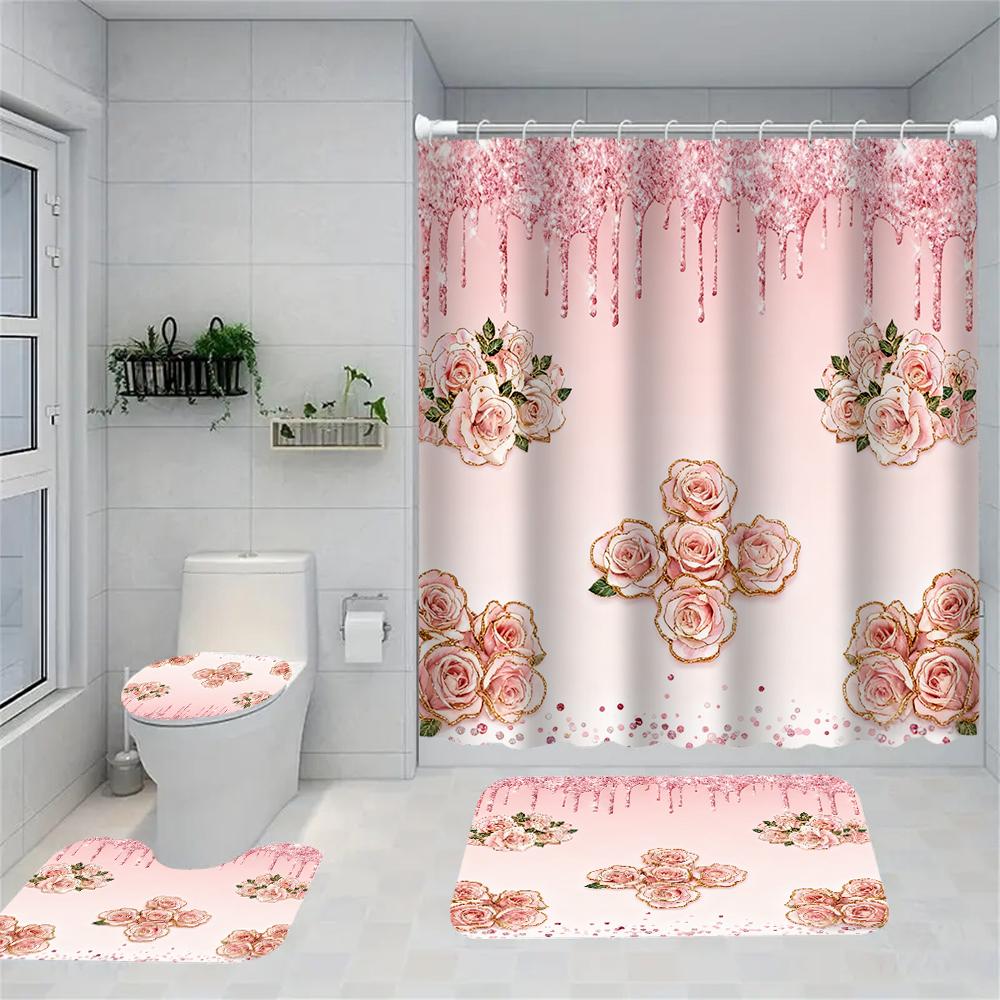 1/4 Geometric grid  print shower Curtains, Toilet Seat Decoration, Shower Curtain with Carpet and Toilet Lid, 70.8x70.8 inch