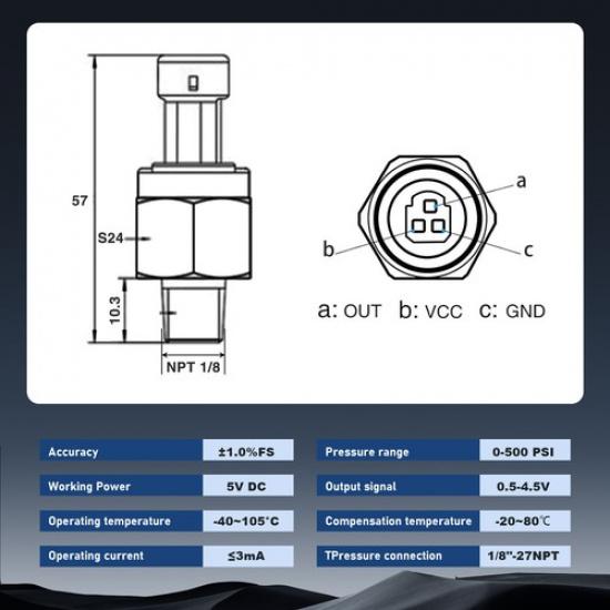 500 PSI Pressure Sensor with Connector Harness 1/8"NPT Thread for Oil Fuel Gas