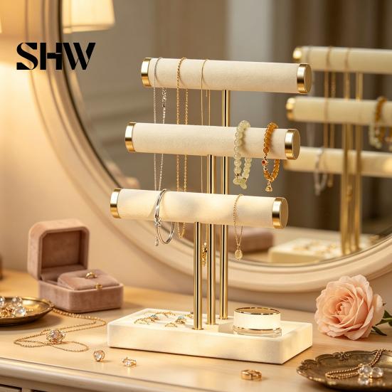 T-shaped Jewelry Holder 3 Tier Velvet Organizer, for Bracelet, Countertop Necklaces Rings, & Earrings, Stand with Storage Tray Tiered Organizer
