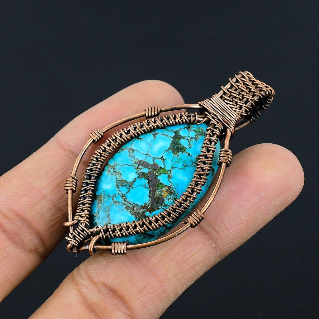 Tibetan Turquoise Pendant, 999 Copper Wire Wrapped Gemstone Jewelry, Handmade Pendant, For Thanksgiving