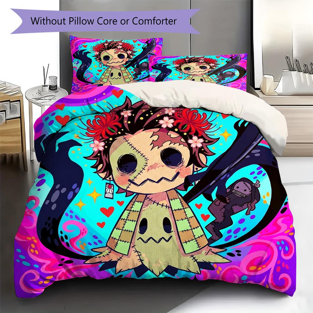 Demon Slayer Tanjiro Pattern Bedding Quilt Set Quilt Cover Pillowcase Home Decoration Birthday Gift (1 * duvet cover + 2 * pillowcase, without core)