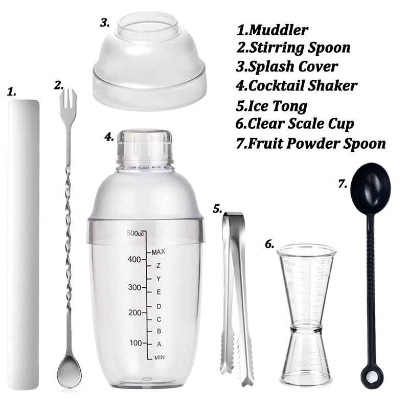 500ml Plastic Cocktail Shaker Home Milk Tea Drink Wine Mixer Shake Bottle with Bar Bartender Barware Kettle Tool Set for Party