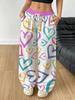Women's wide-leg pants, drawstring stretch high-waisted straight-leg pants, macaron color heart-shaped full body print