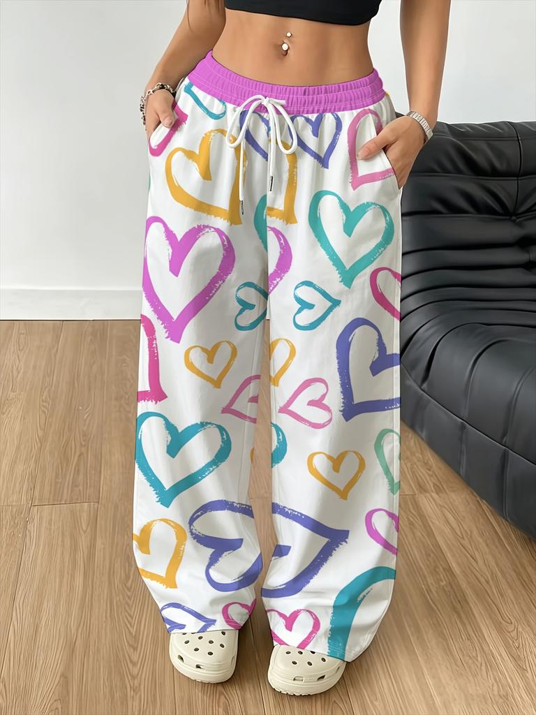 Women's wide-leg pants, drawstring stretch high-waisted straight-leg pants, macaron color heart-shaped full body print