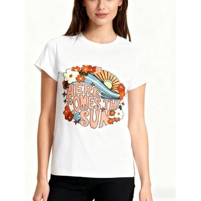 Women Hippie Here Comes The Sun T-Shirt Floral Graphic Retro 70s Casual Tee Top