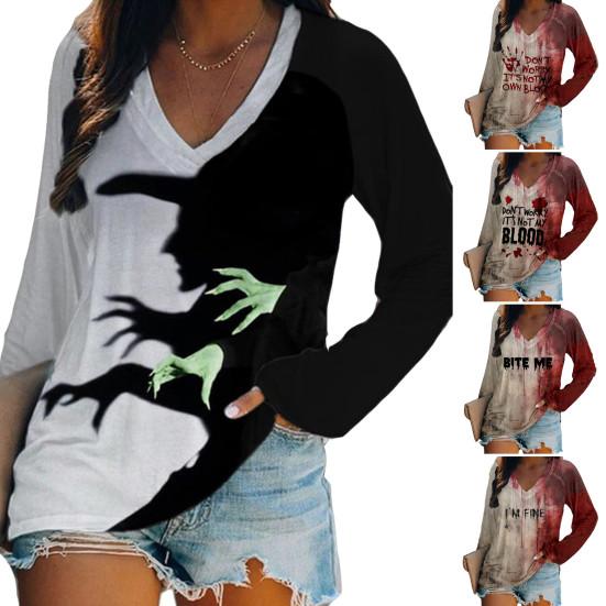 Женская футболка с V-образным вырезом и длинным рукавом с принтом «кровавые буквы», свободный крой, пуловер на Хэллоуин, топы, уличная одежда