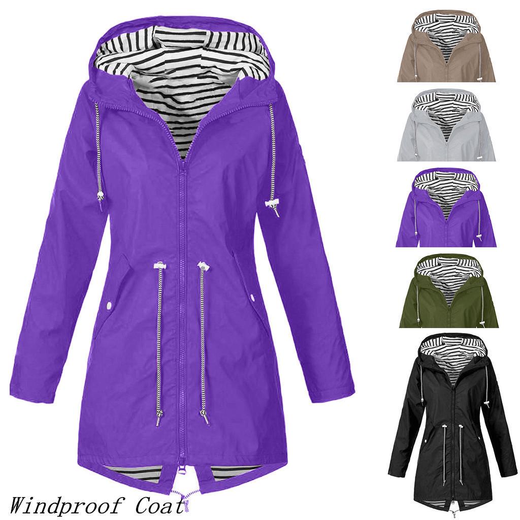 Women Solid Rain Jacket Outdoor Waterproof Hooded Windproof Loose Coat Plus Size Outwear