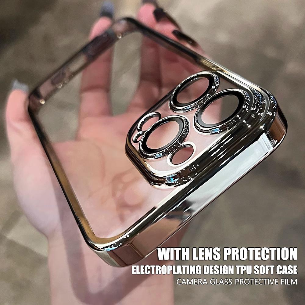 Luxury Plating Lens Protection Transparent Case For iPhone 16 Pro Max 15 14 Plus 13 12 Mini 11 Pro Soft Silicone TPU Clear Cover