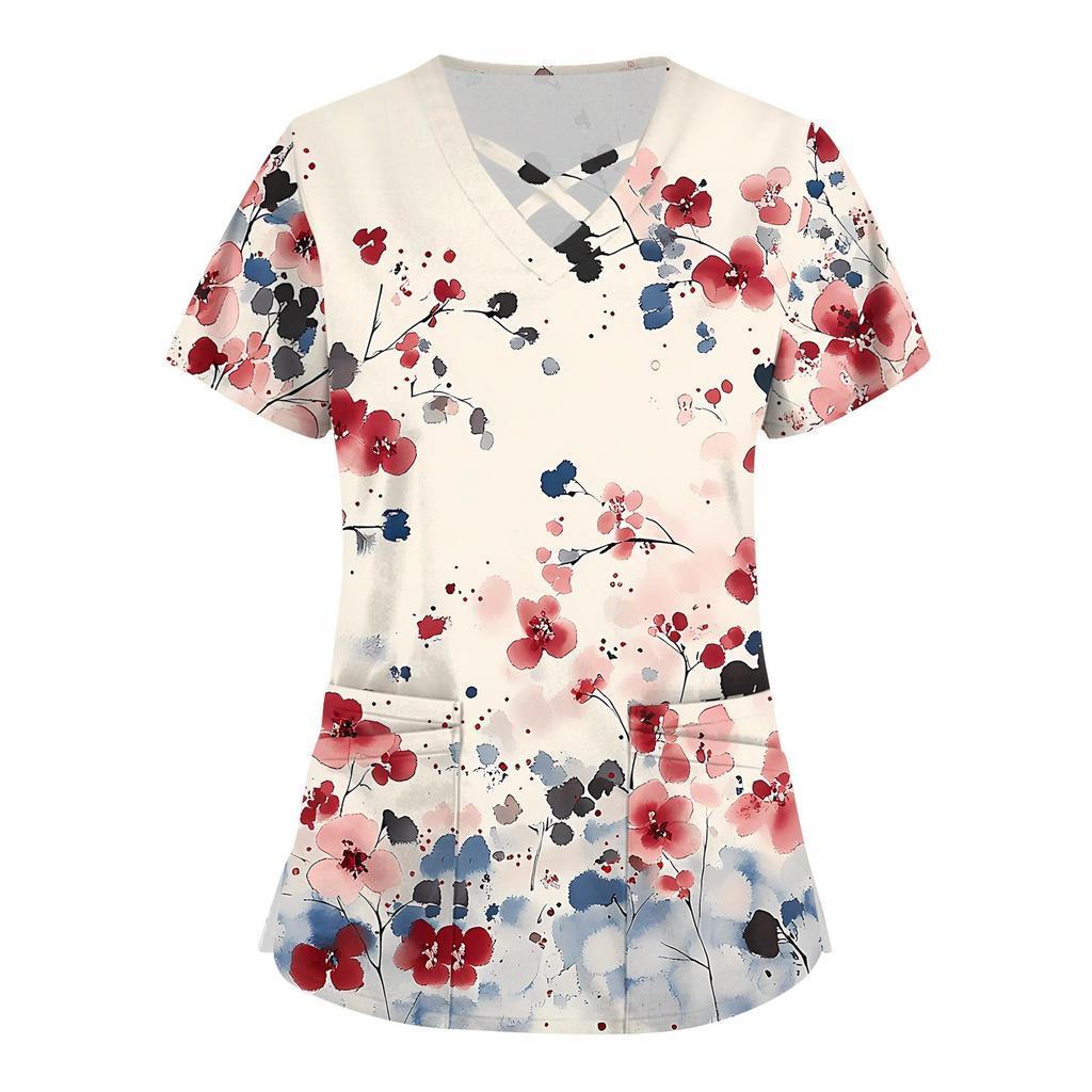 Женский топ с коротким рукавом и V-образным вырезом, принтом и карманом Dry-nurse