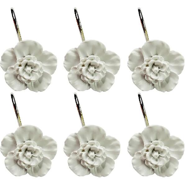 Twofishes Крючки для шторки для душа с белыми цветами, набор из 12 штук, домашняя мода, декоративные, нержавеющие, кольца для шторки для душа с белыми цветами, упаковка из 12 штук