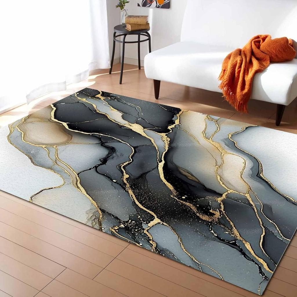 Black Gold Gradient Washable Area Rugs Abstract Modern Art Non Slip Rugs for Living Room Bedroom, Low Pile Floor Mat Large