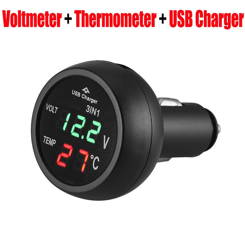 3 in 1 12/24V Car Volt Meter Auto LED Digital Voltmeter Gauge+Thermometer+USB Charger Current Meter Volt Detector Thermometer
